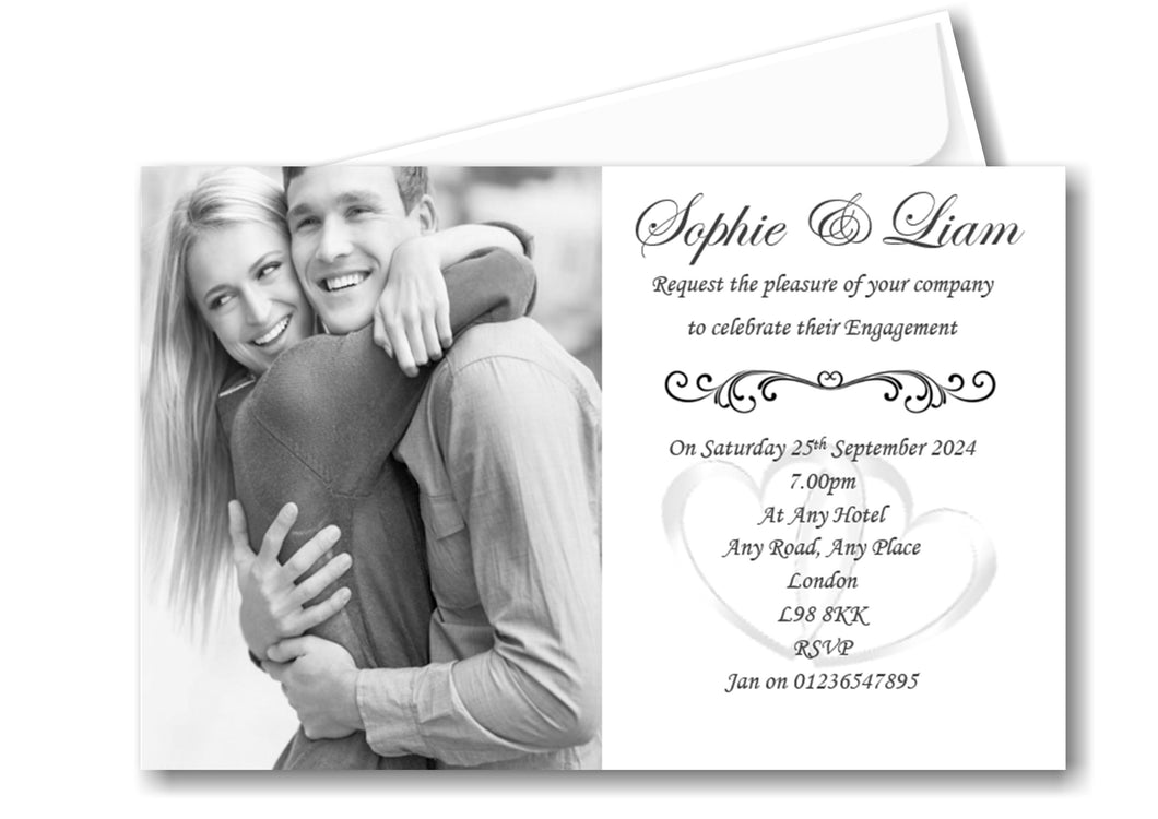 Large photo Engagement Invitation, with a white background and fancy clear wording elegant and stylish Ref E12