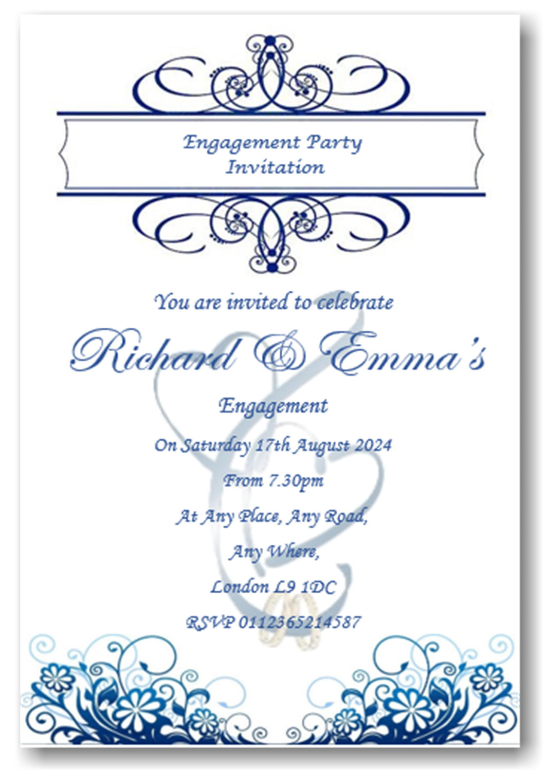 Fancy blue and white Engagement Invitation, make a statement with these beautiful Inviations. Ref E15