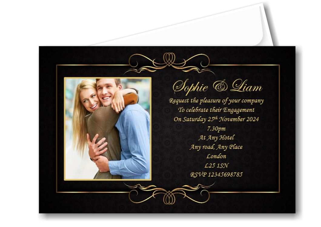 Beautiful, Classy Engagement Invitation, black with a fancy edge and a photo of the special couple Ref E20