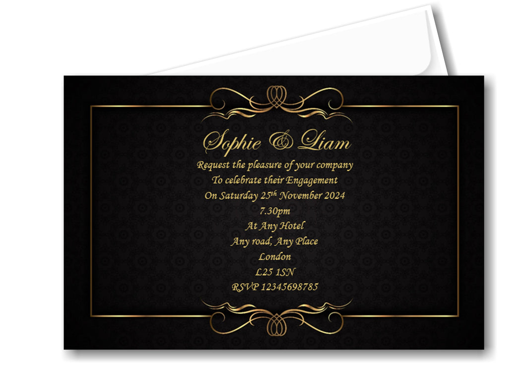 Beautiful Stylish black Engagement Invitation with a fancy scrolled edge. Ref E21