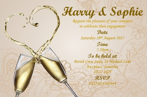 Beautiful stylish Engagement Invitation, heart shaped champagne style with a stylish font Ref E6