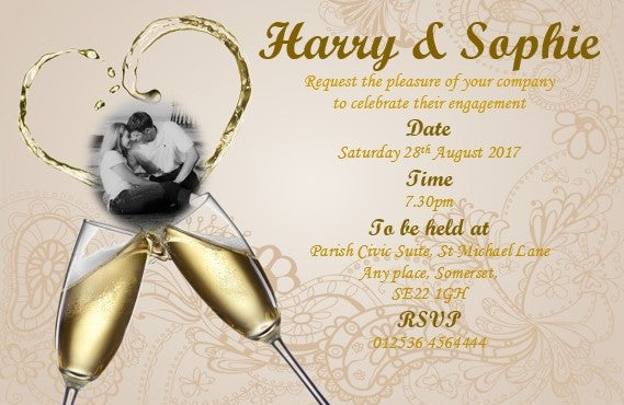 Beautiful stylish Engagement Invitation, heart shaped champagne style with a photo that has stylish font Ref E7