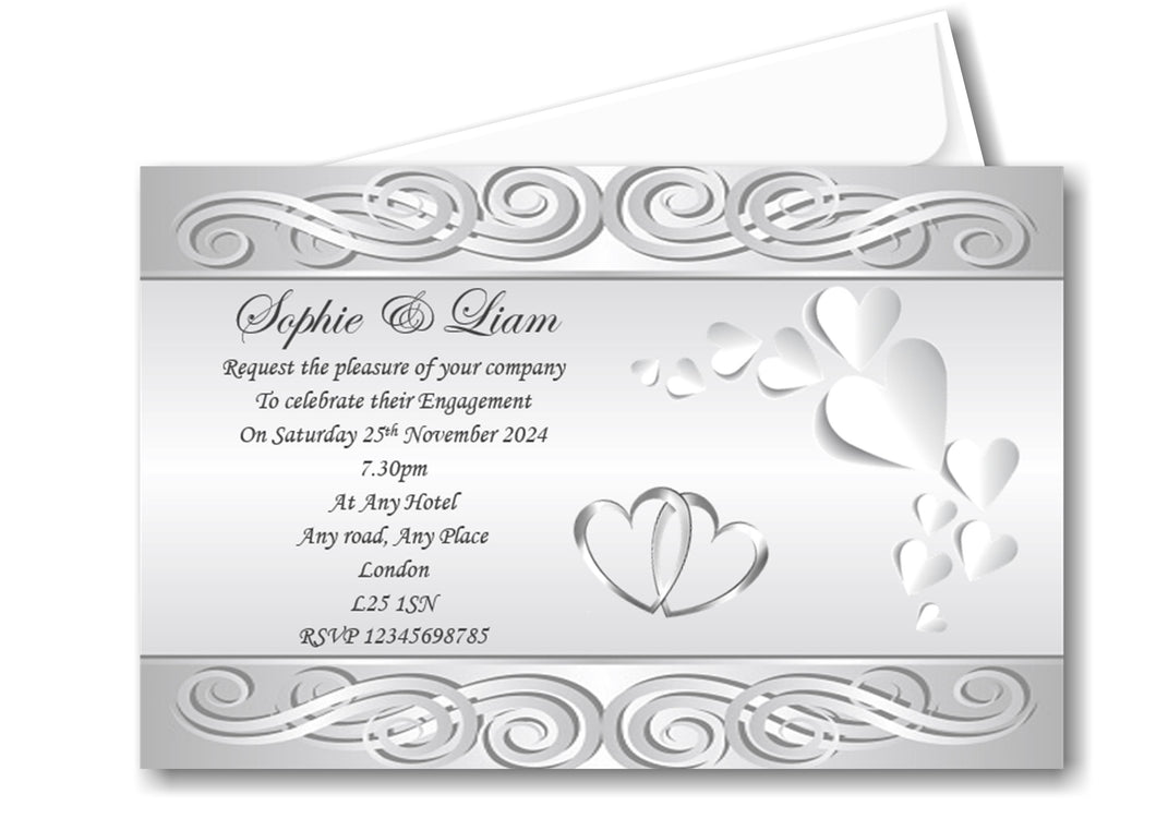 Beautiful silver/grey Engagement Invitation, a classy stylish design with clear fancy wording. Ref E9