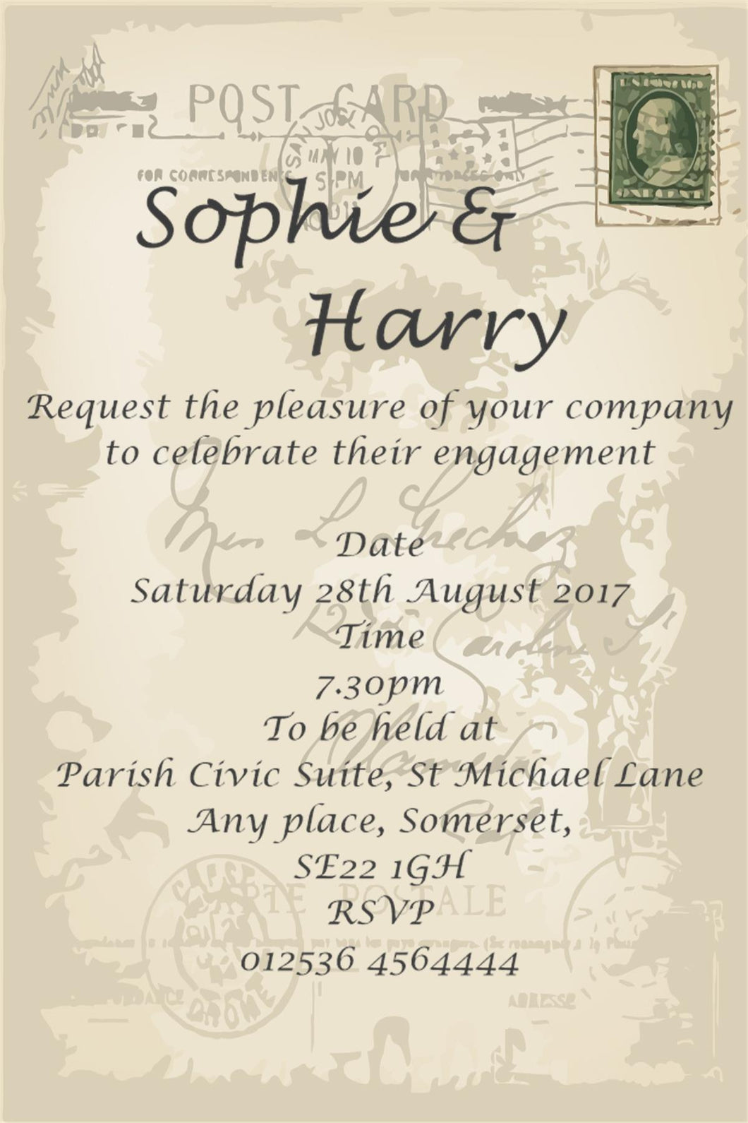 Postcard style Engagement Invitation, with a stylish font Ref Eng stamp