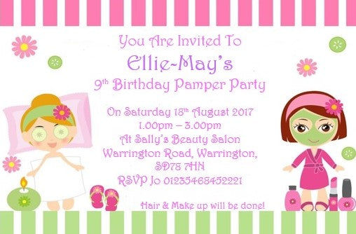 Pink & White personalised pamper Birthday party invitations  REF P2 Any age can be done