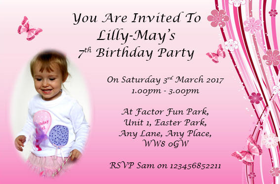 Pink butterfly personalised Birthday party invitations with own photo on REF P3 Any age can be done