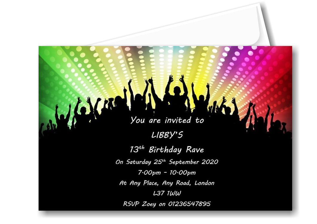 Personalised Multi Color Rave Birthday party invitations REF R1 Any age can be done