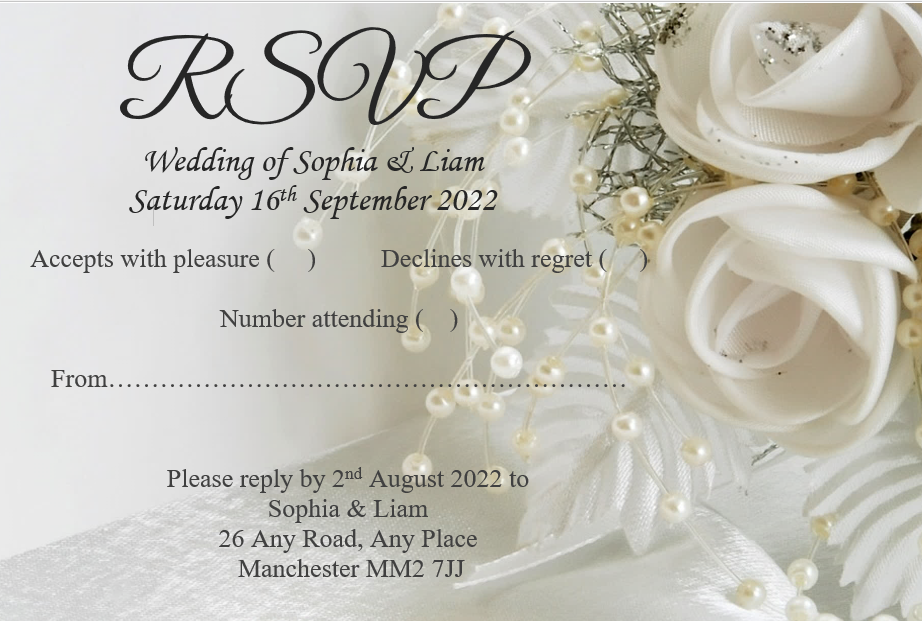 Personalised RSVP cards Ref RS5 stunning and classy look the ideal way to give to your guests