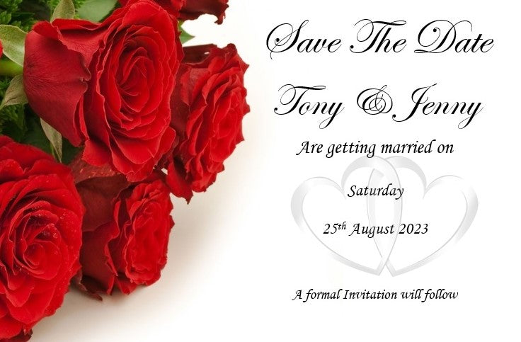 Save The Date Cards Ref SD3 a classic Red rose and love heart style