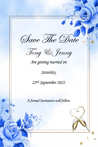 Save The Date Cards Ref SD5 Pale blue flower with a traditional stylish font.