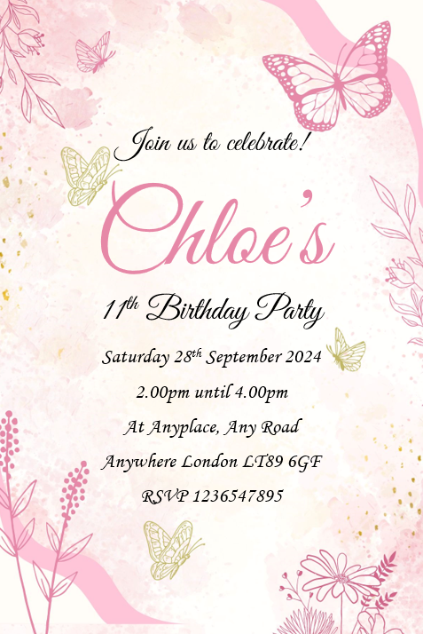 Pink & white butterfly themed birthday party / celebration invitation REF B79 can be made for any age