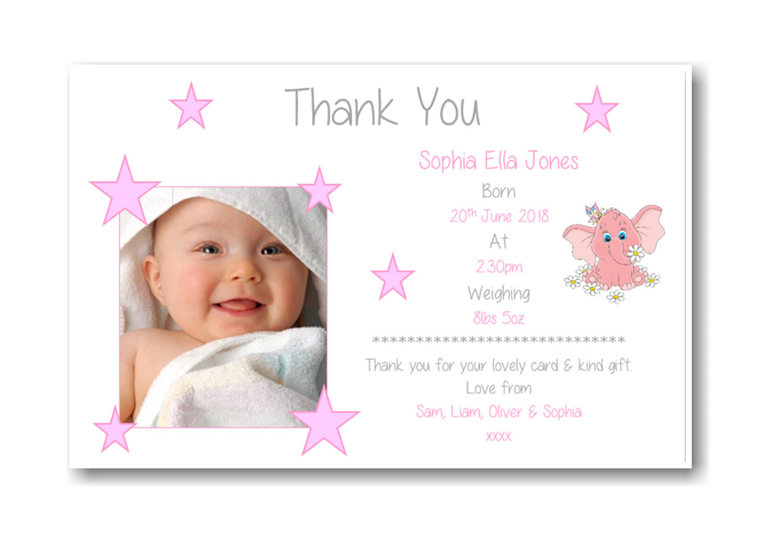 Unique, Stylish Pink & White Baby Annoucement Thank You Cards, with photo a perfect and personal way to say 