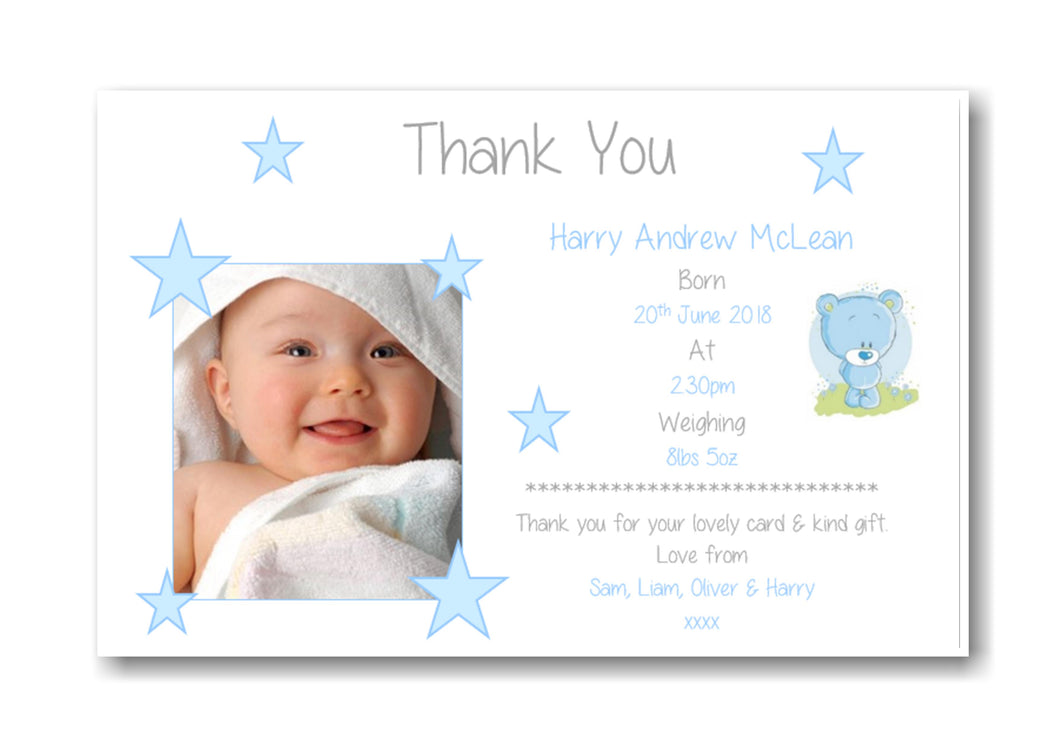 Unique, Stylish Blue & White Baby Annoucement Thank You Cards, with photo a perfect and personal way to say 