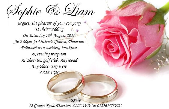 Wedding Day Invitation Ref W11 Pink rose with wedding rings