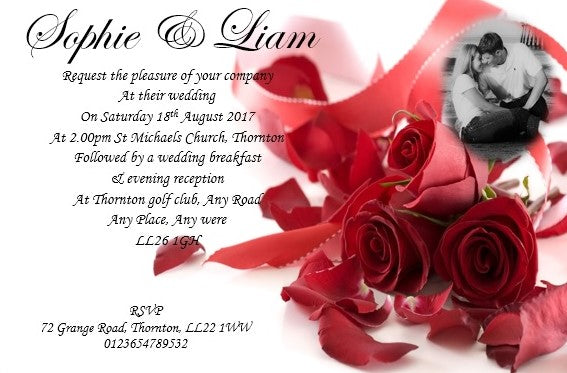 Wedding Day Invitation Ref W12 Red rose design with photo on