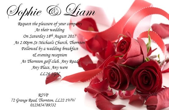 Wedding Day Invitation Ref W13 Red rose design