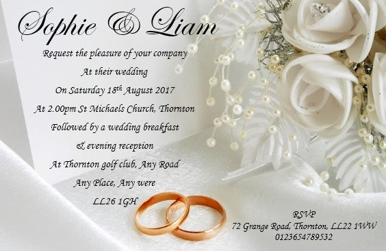 Wedding Day Invitation Ref W1 Floral design with gold wedding rings