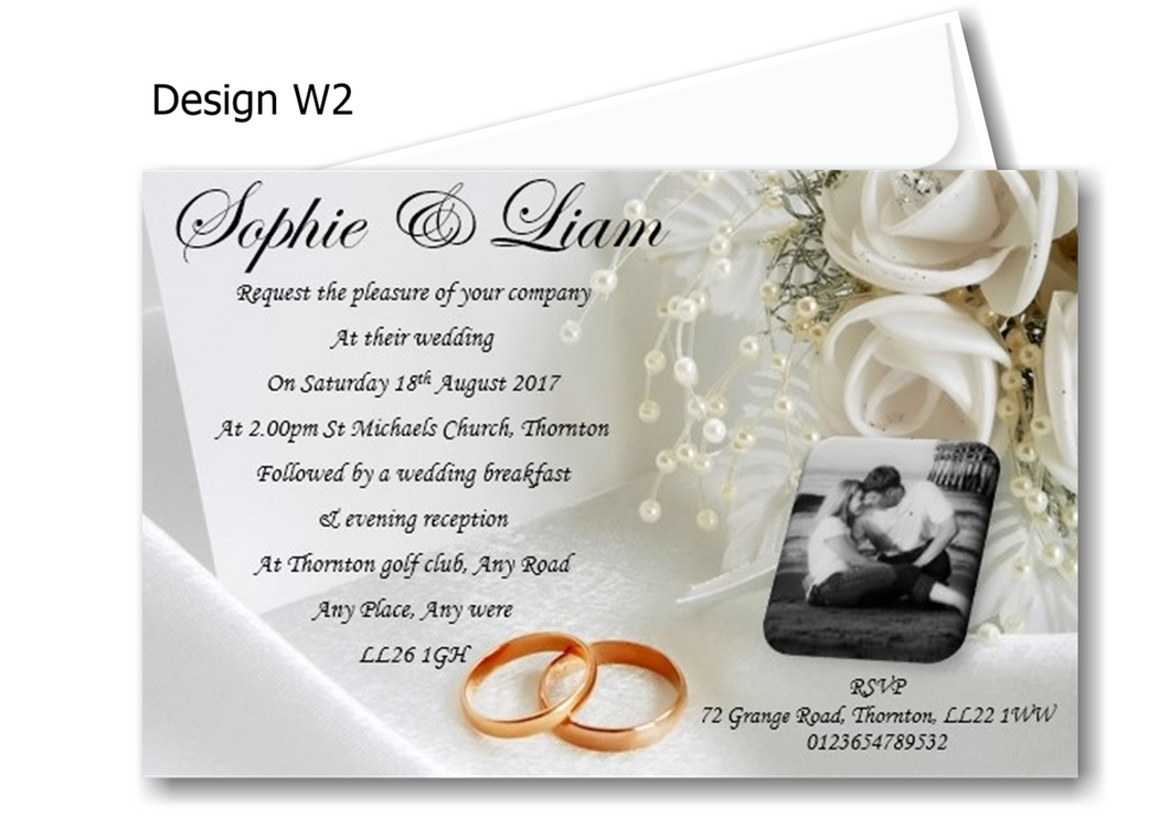 Wedding Day Invitation Ref W2 Floral with wedding rings and photo