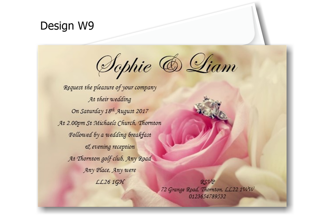 Wedding Day Invitation Ref W9 Floral design with a pink rose