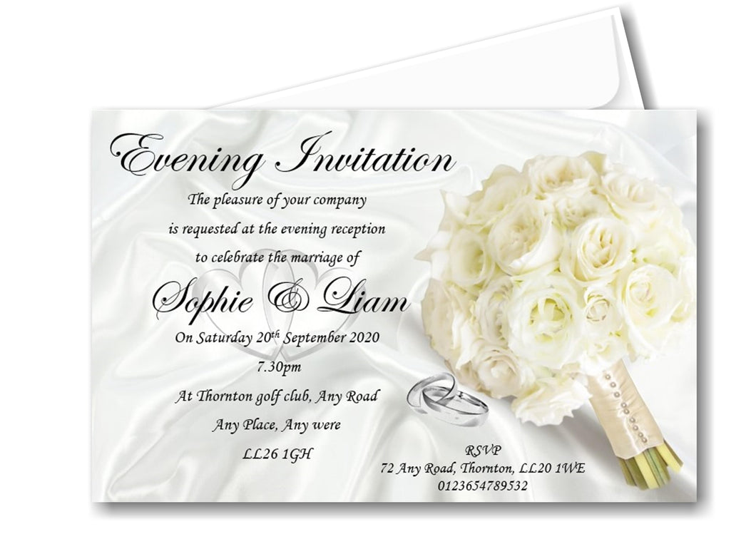 Wedding Evening Invitation Ref WE11 White Floral with silver wedding rings