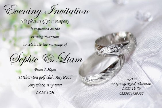 Wedding Evening Invitation Ref WE12 Silver/grey design wedding rings on