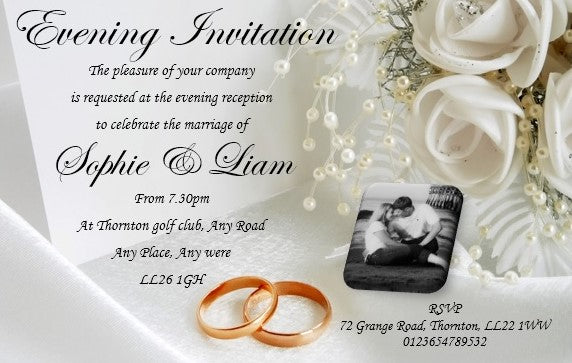 Wedding Evening Invitation Ref WE13 Floral design with wedding rings & photo on