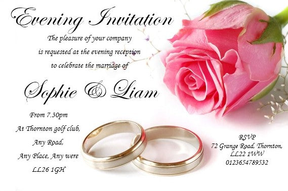 Wedding Evening Invitation Ref WE17 Pink rose with wedding ring design very stylish