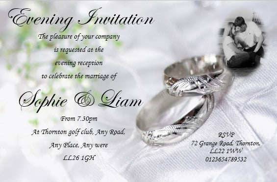 Wedding Evening Invitation Ref WE18 Silver/grey design with photo and wedding rings on