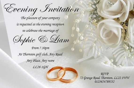 Wedding Evening Invitation Ref WE1 Floral design with wedding rings