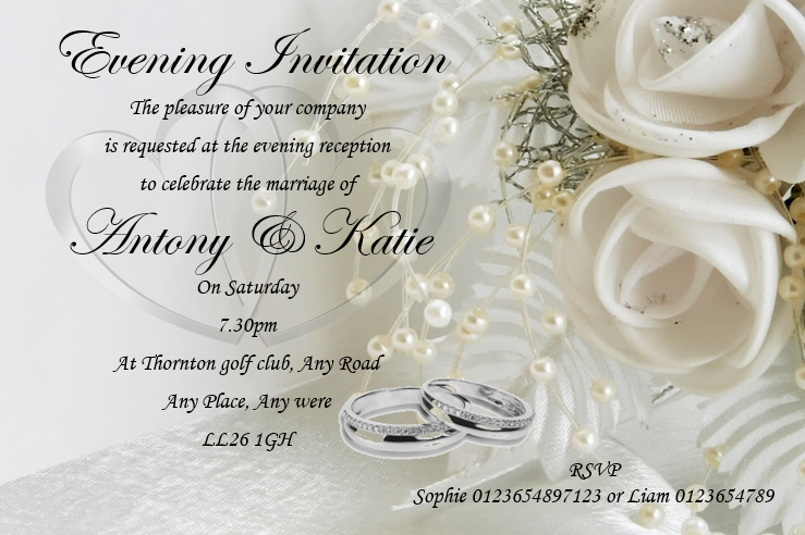 Wedding Evening Invitation Ref WE4 Floral design with joining love hearts in the background