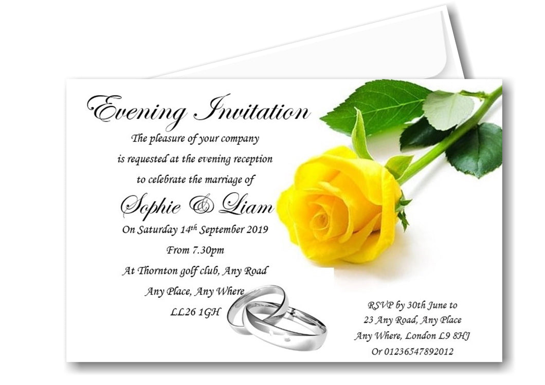 Wedding Evening Invitation Ref WE57 Yellow/Lemon Rose with silver Wedding rings