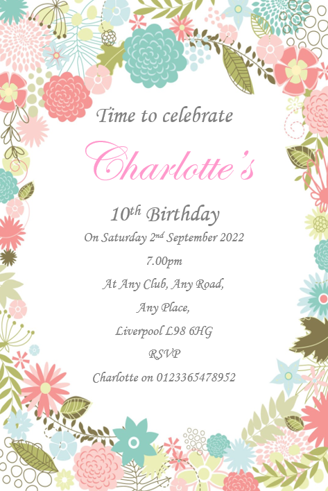 Personalised flower border Birthday party invitations REF B15 Any age can be done