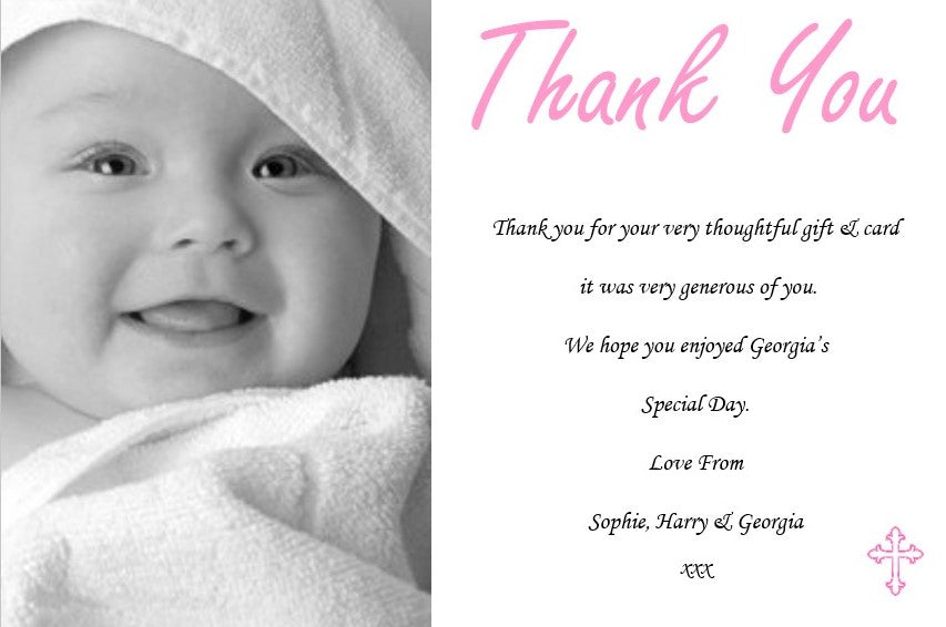 Elegant Pink & White Christening ~ Baptism Thank you Cards with your own photo on Ref TH23