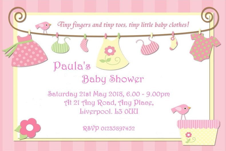 Beautiful Pink & White Baby Shower Invitations wash line design Ref B5 washline