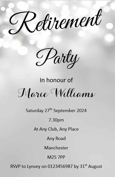 Beautiful Personalised Retirement Invitations, Silver/grey a timeless design Ref RET 1