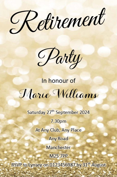 Beautiful Personalised Retirement Invitations, gold color a timeless design Ref RET 2