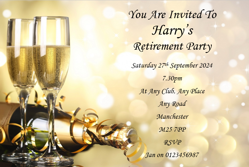 Elegant, champagne design Retirement Invitations, gold color a truely lovely design Ref RET 3