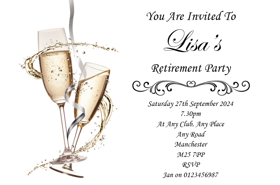 Simple, Stylish No Fuss Design Retirement Invitations, a very classy design Ref RET 4