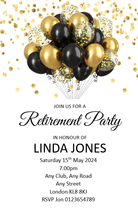 A Elegant Balloon Design Retirement Invitations, a lovely unique design Ref RET 5