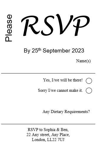 Personalised RSVP cards Ref RS3 a RSVP card with a bolder look a look that never ages