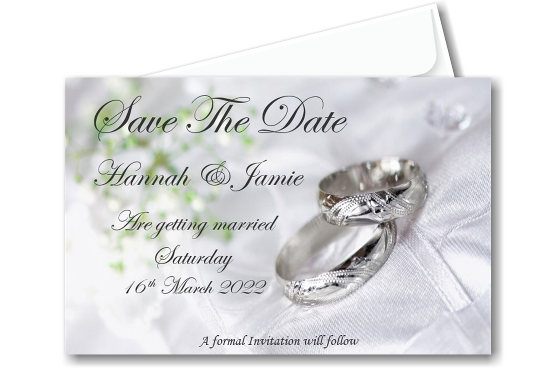 Save The Date Cards Ref SD-S Silver/grey style with silver wedding rings classic style