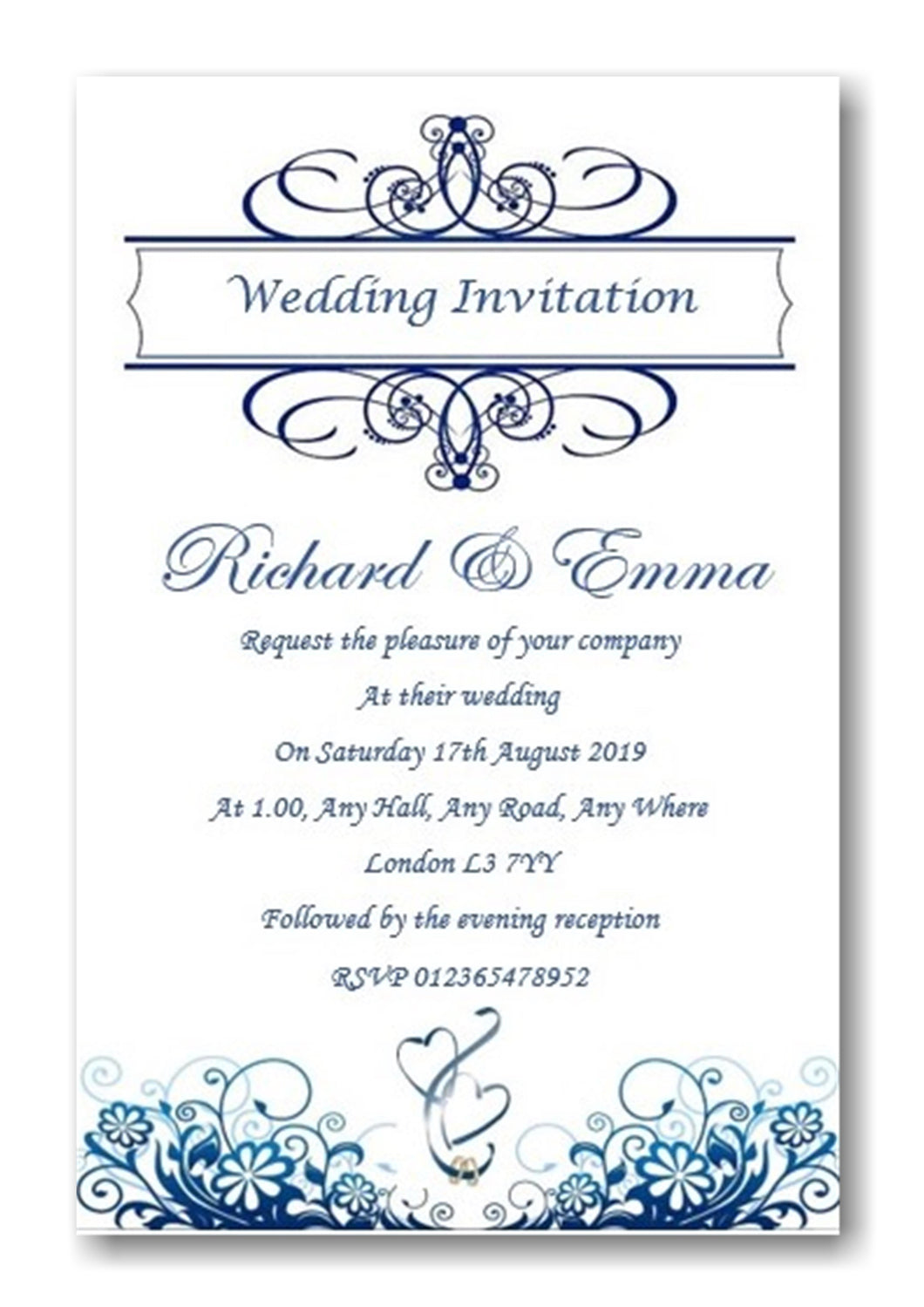 Wedding Day Invitation Ref W56 blue and white with a floral classy design