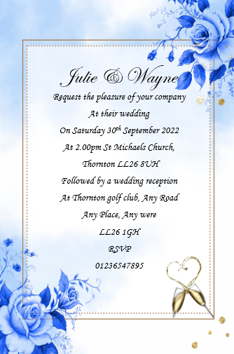 Wedding Day Invitation Ref W64 a classy mixed blue shaded design with fancy font