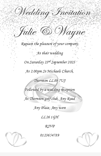 Wedding Day Invitation Ref W65 stunning design with a wedding ring background