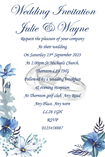 Wedding Day Invitation Ref W66 a lovely blue and white design with wedding rings in the background