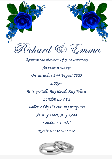 Wedding day Invitation Blue & White Ref W67