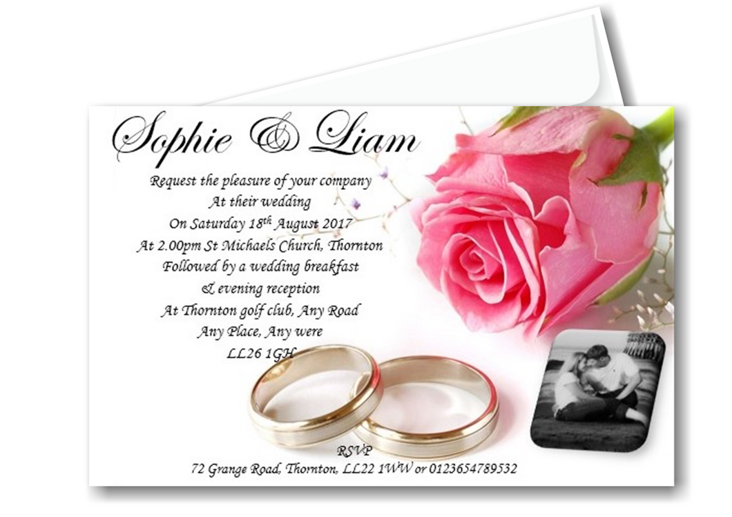 Wedding Day Invitation Ref WD10 a simple pink rose with a photo of the special couple timeless