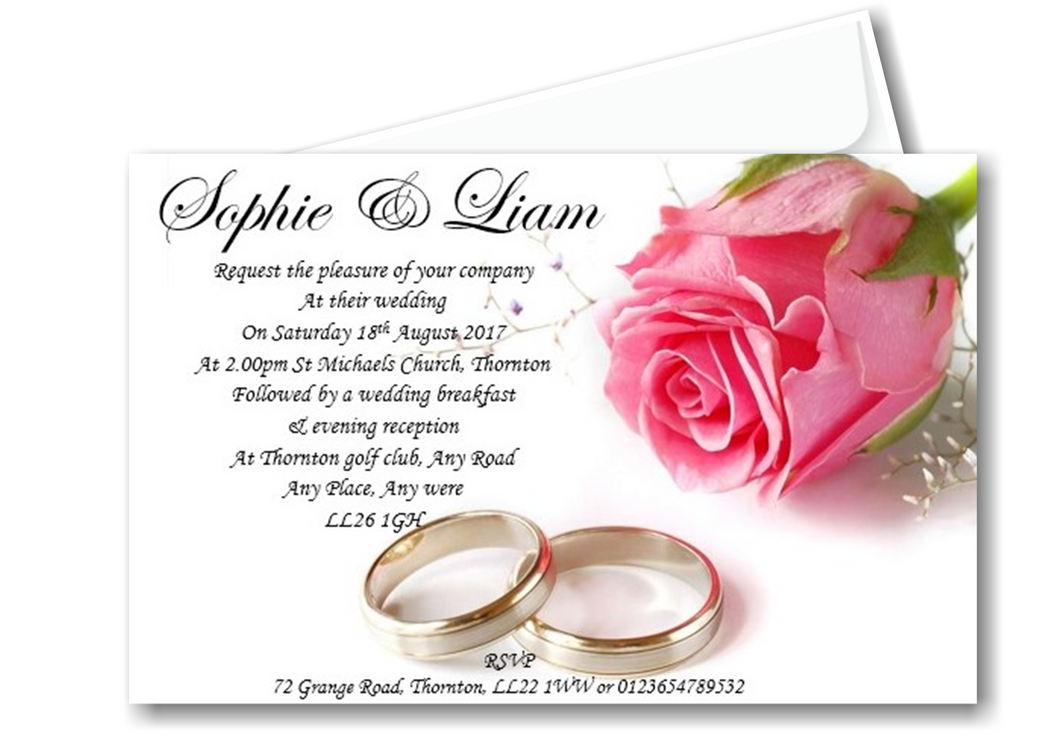 Wedding Day Invitation Ref WD11 a classy simple pink rose design