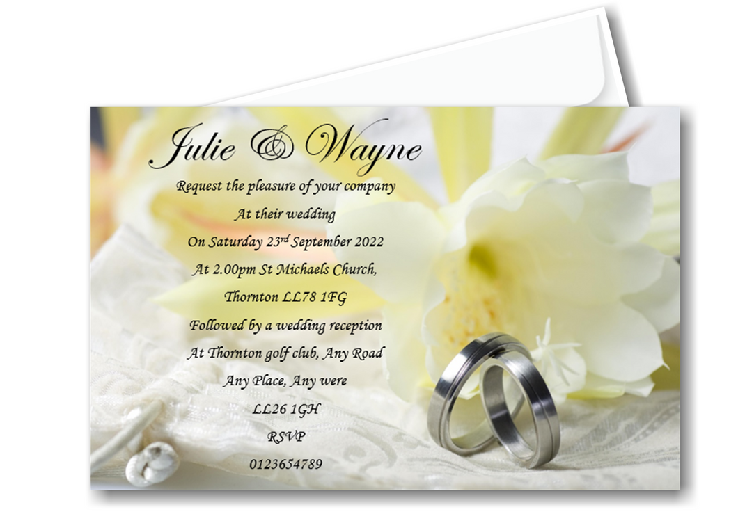 Wedding Day Invitation Ref W61 lemon flower design a timeless design with silver wedding rings