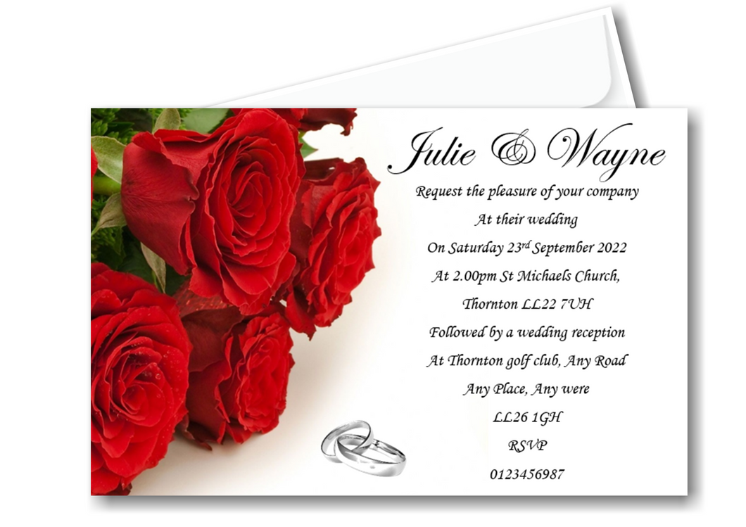 Wedding Day Invitation Ref W62 a classic but classy red rose design with silver wedding rings